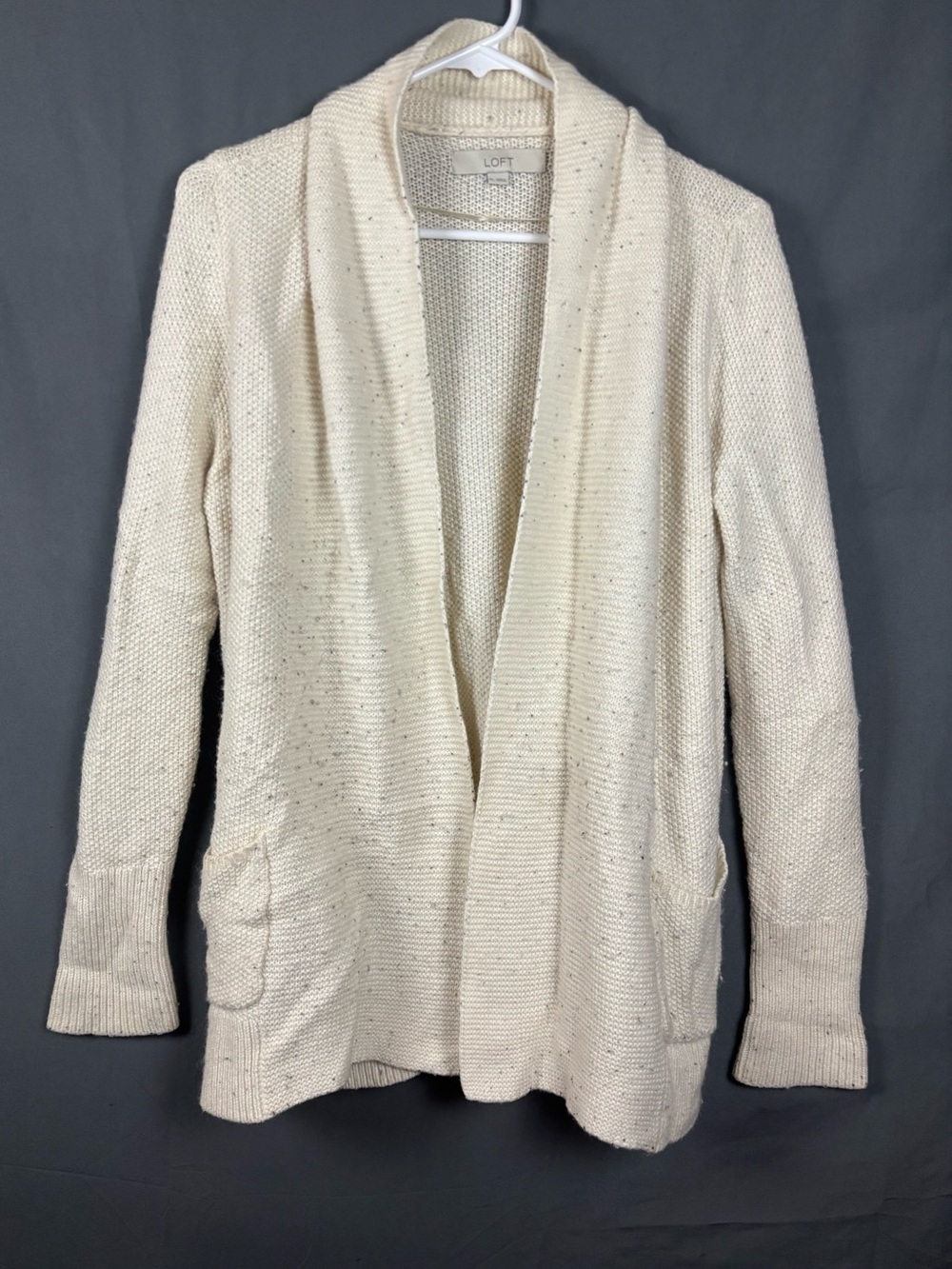 LOFT | Cream Open-Front Cardigan Sweater | Flecked Marled Knit